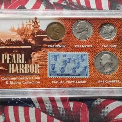 Sale Photo Thumbnail #110: 1941 Lincoln Wheat Cent, 1941 Jefferson Nickel, 1941 Mercury 90% Silver Dime, & 1941-S Washington 90% Silver Quarter In Pear Harbor Commemorative Coin and Stamp Collection Set