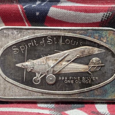 Sale Photo Thumbnail #80: 1 oz. .999 FINE SILVER Spirit of St. Louis Airplane Designed Art Bar