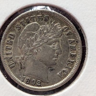 Sale Photo Thumbnail #216: 1892 Barber 90% Silver Dime - XF, First Year Issue