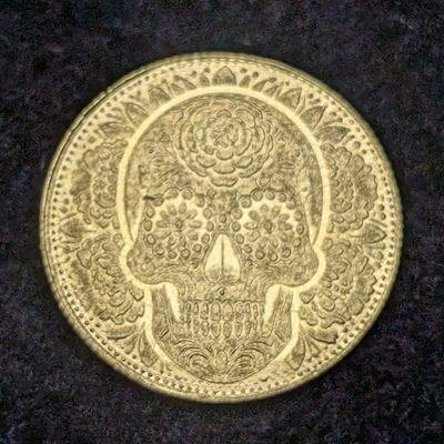 Sale Photo Thumbnail #402: 1/200th oz. .9999 FINE GOLD Dia De Los Muertos "Day of The Dead" Designed Miniature Round - Penny Not Included, Shown For Size Comparison