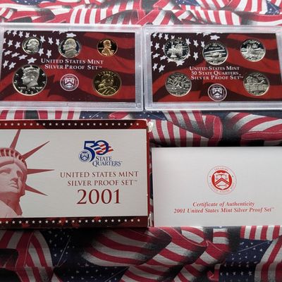 Sale Photo Thumbnail #264: 2001-S U.S. Mint Silver Proof Set with State Quarters In OGP W/ COA - Includes (7) 90% Silver Coins
