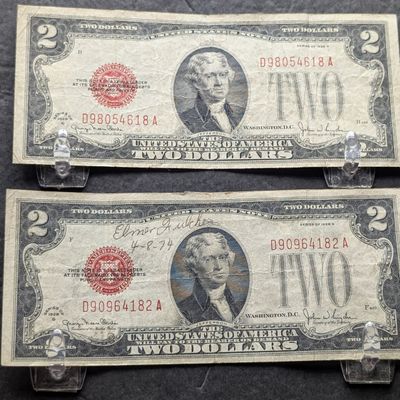 Sale Photo Thumbnail #85: (2) 1928 G Series $2 RED SEAL Banknotes