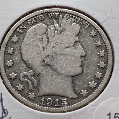Sale Photo Thumbnail #206: 1915 Barber 90% Silver Half Dollar - VG, Key Date