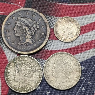 Sale Photo Thumbnail #245: 1855 Braided Hair Large Cent, (2) 1883 No Cents Liberty Head V Nickels, & 1914 Canada 92.5% Silver 5 Cents
