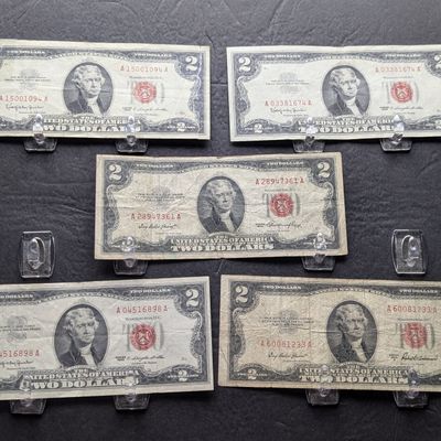 Sale Photo Thumbnail #147: (5) 1953 & 1963 Series $2 RED SEAL Banknotes