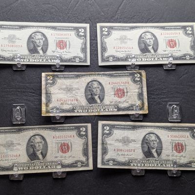 Sale Photo Thumbnail #426: (5) 1953 & 1963 Series $2 RED SEAL Banknotes
