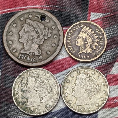 Sale Photo Thumbnail #424: (2) 1883 No Cents Liberty Head V Nickels, 1862 Indian Head Cent, & 1846 Braided Hair Large Cent (Holed)