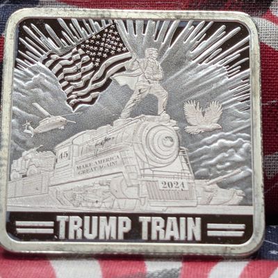 Sale Photo Thumbnail #415: 1 oz. .999 FINE SILVER Trump Train Designed Art Bar