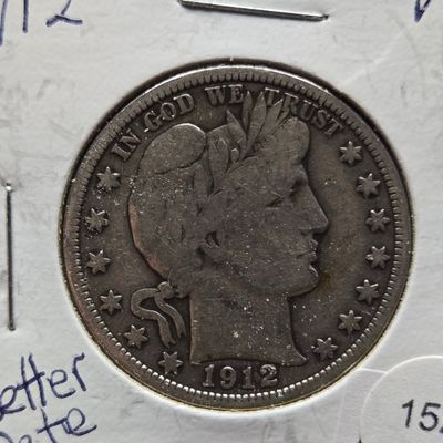 Sale Photo Thumbnail #204: 1912 Barber 90% Silver Half Dollar - VF, Better Date