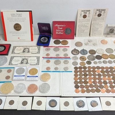 Sale Photo Thumbnail #139: Large Lot of Various Vintage & Modern - U.S. & World Coins, Tokens, Medals & Currency