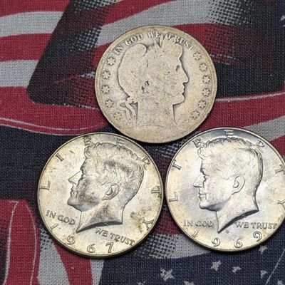 Sale Photo Thumbnail #102: 1967 & 1969-D Kennedy 40% Silver Half Dollars & (1) No Date Barber 90% Silver Half Dollar