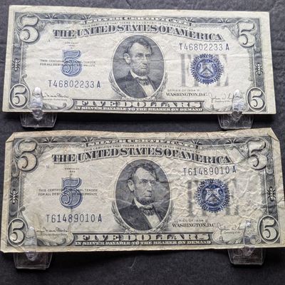 Sale Photo Thumbnail #284: (2) 1935 D Series $5 Silver Certificates - (1) Well Off Center