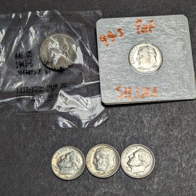 Sale Photo Thumbnail #104: 1956 P&D, 1964, 1999-S 90% Silver Roosevelt Dimes, & 1943-S 35% Silver Jefferson War Nickel