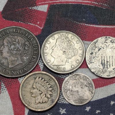 Sale Photo Thumbnail #77: 1859 Indian Head Cent, 1883 Liberty Head V Nickel, 1838 Seated Liberty Half Dime, No Date Shield Nickel, & 1859 Canada Cent