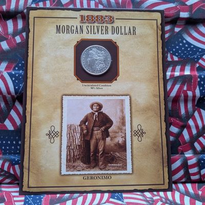 Sale Photo Thumbnail #299: UNC - 1883 Morgan 90% Silver Dollar in Geronimo Info Display Card w/ Commemorative Stamp