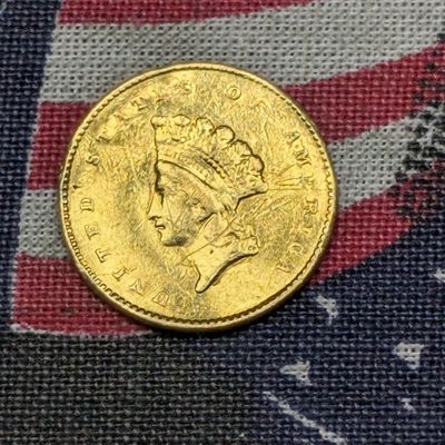 Sale Photo Thumbnail #41: 1855 Type 2 Small Indian Head 90% GOLD Dollar w/ Bend - 1.67g