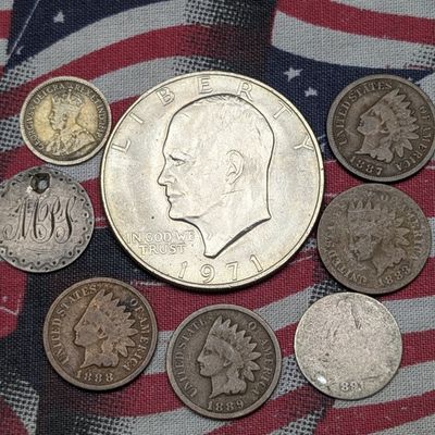 Sale Photo Thumbnail #11: 1883, 1887, 1888, 1889 Indian Head Cents, 1891 Seated Liberty Dime, No Date Seated Liberty Love Token, 1971 Eisenhower Dollar, & 1913 Canada 5 Cents