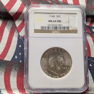Sale Photo Thumbnail #164: 1948 Franklin 90% Silver Half Dollar NGC MS64 FBL - First Year