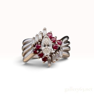 14K White Gold 0.20ct Ruby and 0.60ctw Natural Diamond Marquise Cluster Ring Size 6.5