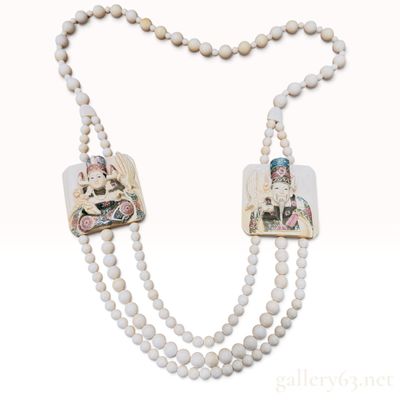 Vintage Ryugetsu Japanese Carved Ivory Emperor and Empress Multi-Strand Necklace