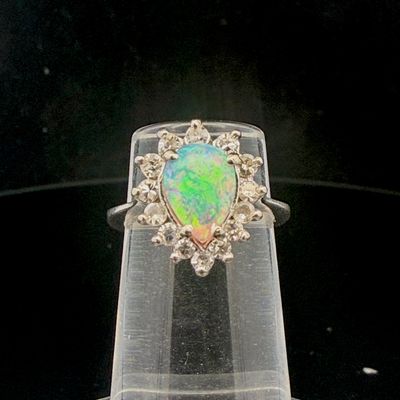 14K White Gold 1.50ct Pear Cut Opal and 0.25ctw Natural Diamond Cluster Ring Size 3