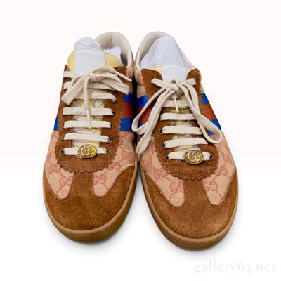 Gucci G74 Monogram GG Canvas and Brown Suede Low Top Sneakers size 10