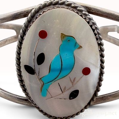 Vintage Zuni Sterling Silver Multi-Stone Inlay Bluebird Cuff Bracelet
