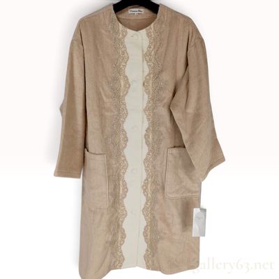 Vintage Christian Dior Beige Terry Cloth Lace Trim Housecoat Size M NWT