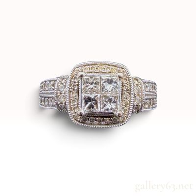 14KWG Natural Diamond Quad Princess Cut Halo Ring