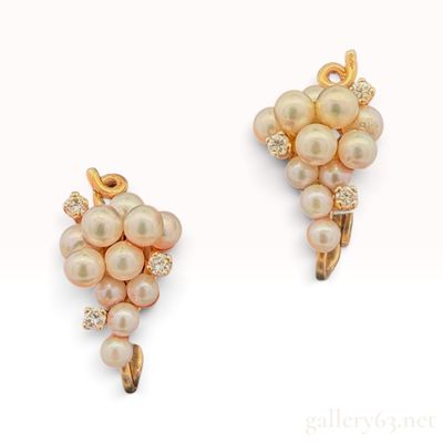 Vintage 14K Yellow Gold Cultured Pearl and Natural Diamond Grape Cluster Clip Earrings
