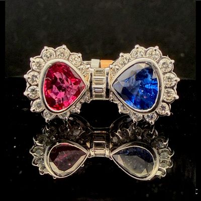 Platinum 1.77ct Sapphire 1.292ct Ruby and 0.74ctw Natural Diamond Bow Ring