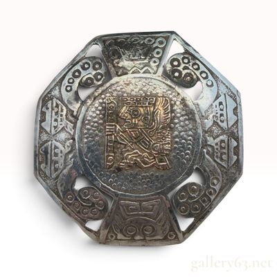 Vintage Peruvian Sterling Silver and 18K Yellow Gold Inca Octagonal Brooch Pendant