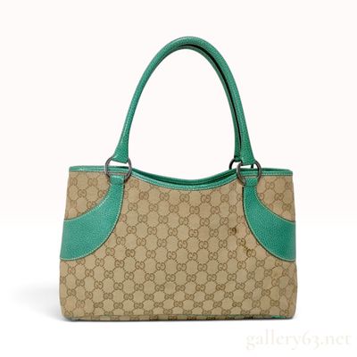 Vintage Gucci GG Monogram Canvas and Emerald Green Leather Tote Bag