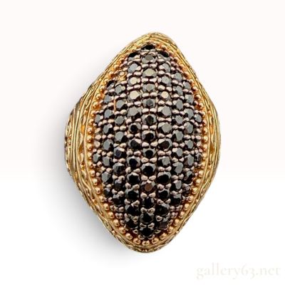 925 Sterling Silver Vermeil and Black Spinel Pave Cocktail Ring Size 6.5