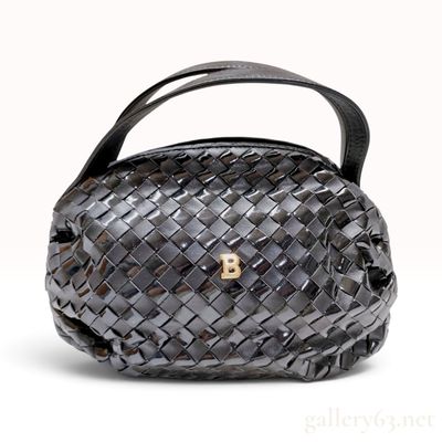 Vintage Bally Black Woven Leather Handbag with Gold Hardware