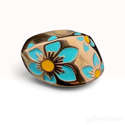 Cara 18 Karat Yellow Gold and Enamel Floral Motif Hinged Bypass Ring
