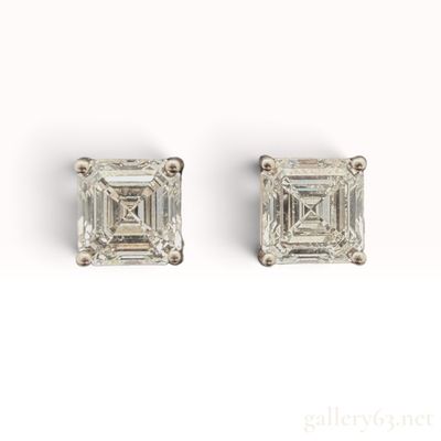 A Pair of 14K Gold Asscher-Cut Diamond Stud Earrings