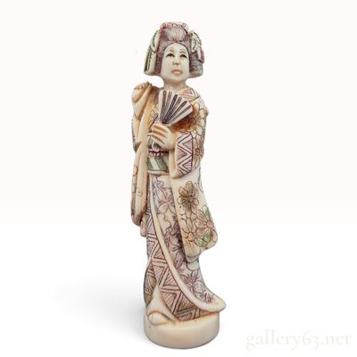 Polychrome Carved Bone Geisha Pendant and Onyx Bead Opera Necklace