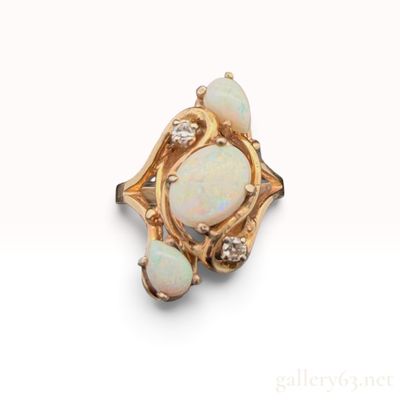 A Vintage 14K Yellow Gold Three Opal and Natural Diamond Cocktail Ring