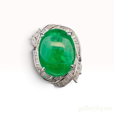 13.52ct Cabochon Emerald and 0.97ctw Natural Diamond Platinum Ring