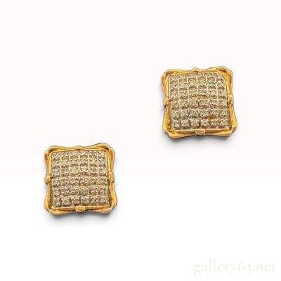 A Pair of 10k Yellow Gold and Natural Diamond Pave Square Stud Earrings