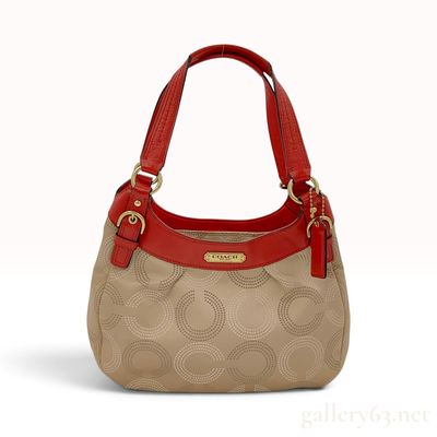 Coach Optic C Jacquard and Red Leather Hobo Shoulder Bag
