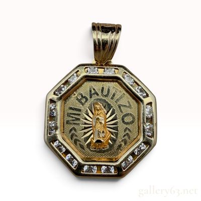 14K Yellow Gold Our Lady of Guadalupe Mi Bautizo Octagon Pendant