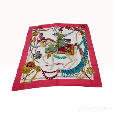 Vintage Hermes Le Timbalier Silk Carre 90 in Pink