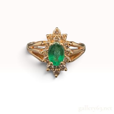 14K Yellow Gold 0.50ct Natural Emerald and 0.35ctw Natural Diamond Cluster Ring