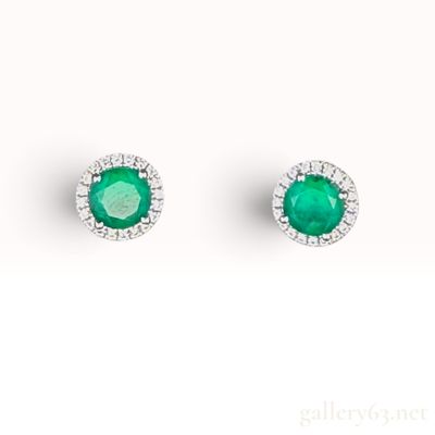 14K White Gold 1.50ctw Lab Emerald and 0.25ctw Natural Diamond Halo Stud Earrings