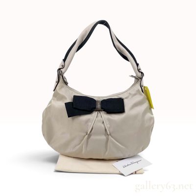Salvatore Ferragamo Vara Bow Cream Nylon and Leather Hobo Bag