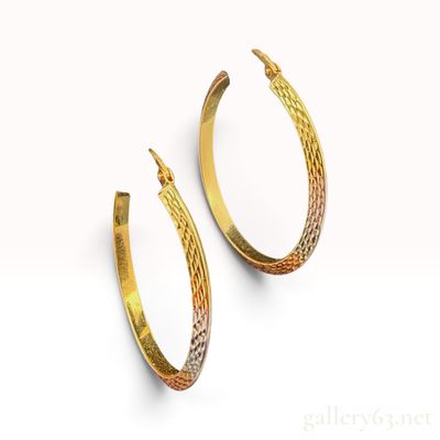 14K Tri-Color Gold Textured Diamond-Cut Hoop Earrings