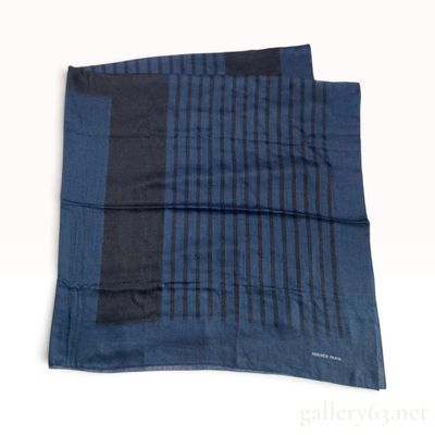 Hermes 180cm Cashmere & Silk Scarf Navy and Grey Abstract Geometric H Motif