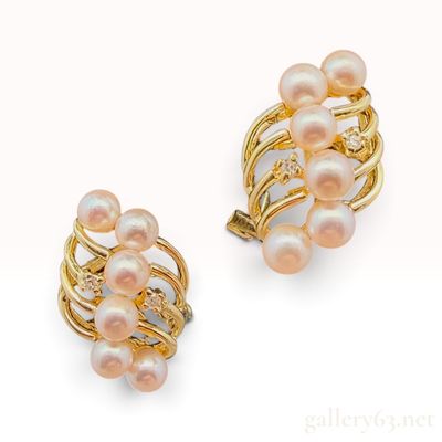 Vintage 14K Yellow Gold Cultured Pearl and Natural Diamond Cluster Earrings